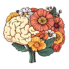 Human Brain with Flowers: Self-Care and Mental Health Concept