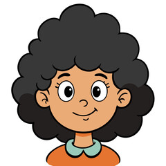 a cute cartoon of a smiling young girl with curly hair, bright eyes, and a friendly expression vector illustration