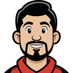 Fototapeta premium a cartoon illustration of a man with a beard and mustache smiling, happy. The illustration is clean and the man is wearing a red and black shirt