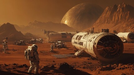 Futuristic Mars base with astronauts exploring a rocky red planet surface