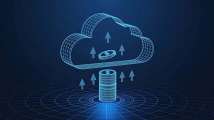 Abstract digital cloud with arrows up and down and dollar coins tower. Cloud mining or digital investment technology concept. Low poly wireframe vector illustration in futuristic hologram blue style 