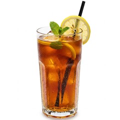 Refreshing iced tea with lemon and orange slices, ice cubes, and fresh mint leaves. Classic summer drink on a clean white background.

