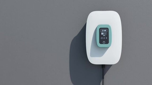Charging an Electric Vehicle concept. A stylized car attached to a home charging station. Camera panning to the charging station