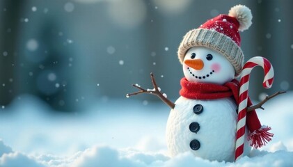 Adorable snowman with carrot nose, wearing a festive hat, holding a candy cane , children, kids, fun