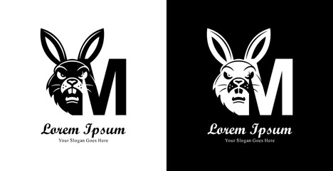 Rabbit head logo design with front view and combined with the letter M
