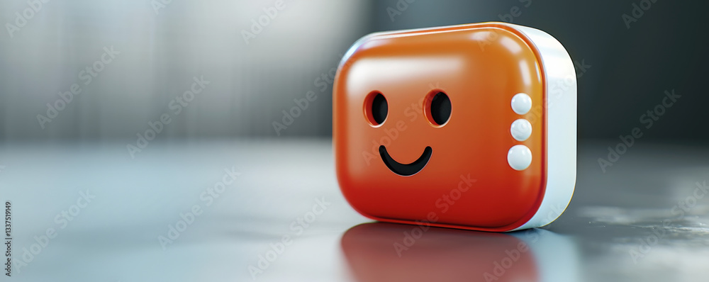 Poster 3D rendered orange chatbot icon with smiling face and three dots on smooth surface, symbolizing AI communication