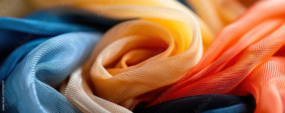 Poster close up view of heat reactive fabric displaying vibrant array of colors, including blue, orange, an