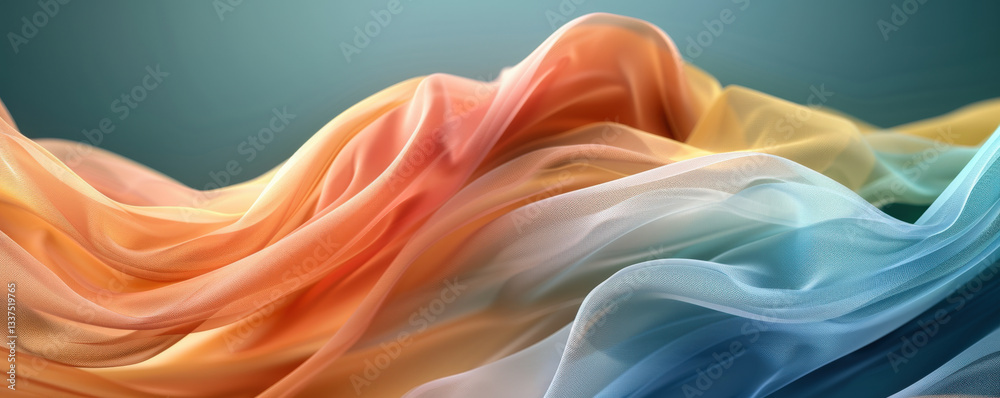 Leinwandbilder flowing, multicolored fabric with gradient of orange, white, and blue hues creates dynamic and vibrant visual effect against soft background. fabric appears to be motion, showcasing its delicate