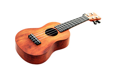 Studio Shot of Acoustic Ukulele Instrument on Black Background with Natural Wooden Texture and Four Strings Musical Leisure
