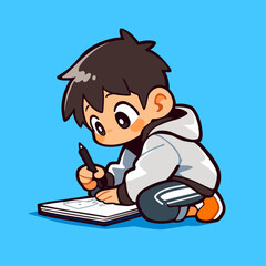 Naklejka premium A cute cartoon boy with dark hair, wearing a grey hoodie, sitting and drawing in a sketchbook with a pen on a blue background.