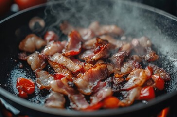 Fototapeta premium Sizzling Bacon and Cherry Tomatoes Cooking in Skillet with Steam Rising, Delicious Breakfast Preparation with Flavorful Ingredients and Culinary Appeal
