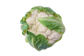 Whole head of organinc fresh raw cauliflower with green leaves close up, macro isolated on white,...
