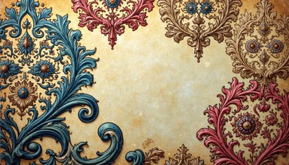 Intricate damask, muted tones, aged paper effect, scroll, aged paper