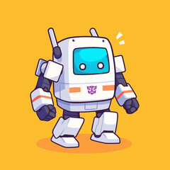 Fototapeta premium Cute cartoon robot with a square white body, blue screen face, antennas, and a purple faction logo on a yellow background.