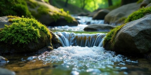 Crystal clear spring water flows over mossy rocks , moss, refreshing, fresh water