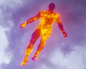Naklejka premium Fiery Figure Ascends Cosmic Cloudscape.