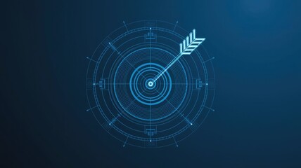 Abstract digital target with an arrow in the center. Growth strategy or financial goal concept. Futuristic low poly wireframe vector illustration on blue technology modern background. The bull's eye 