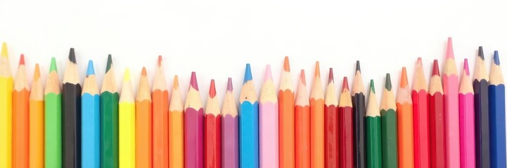Fototapeta premium Assorted colored pencils arranged neatly on white background, background, craft