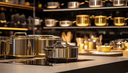 Front display of a kitchenware store featuring a variety of stainless steel cookware. Concept of modern kitchen tools, cookware shopping,