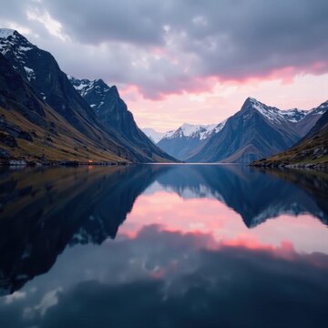 Dramatic Hadselfjorden fjord, Vester?len mountains reflecting in calm water , travel, winter
