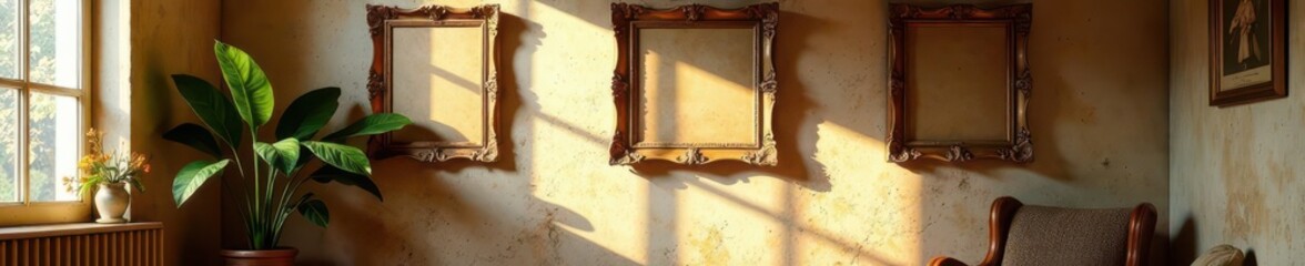 Sunlit room, aged artwork in ornate frames, textured wall, golden frame, rustic decor, artwork