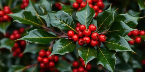 Obraz premium Close-up of holly branch, vibrant red berries, glossy dark green leaves, berries, green leaves
