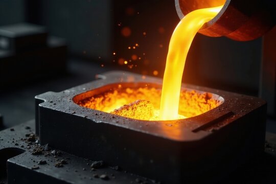 Molten gold pours into casting mold, shielded by inert gas , liquid, lost wax casting