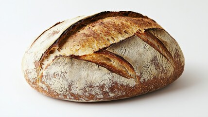 Freshly baked artisanal sourdough bread with a rustic, crispy crust, sliced to show its texture, isolated on a white background.

