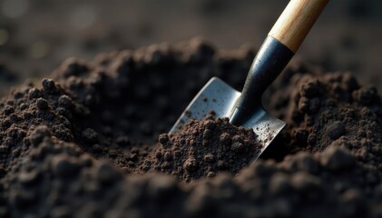 Trowel partially buried in dark soil, showing texture and depth , planting, farming