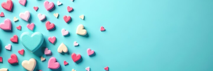 Obraz premium Scattered pastel hearts on turquoise blue background Sugar-like texture Flat lay , photography, Valentine, confectionery