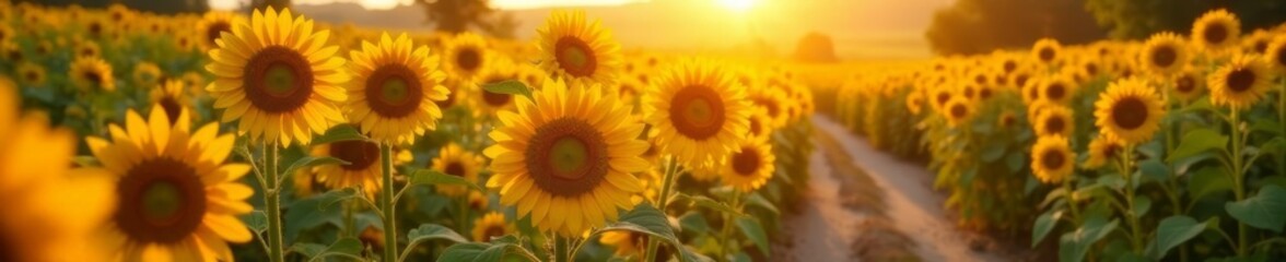 Obraz premium Beautiful sunflowers shining under the warm sun along a picturesque path, sunflower field, sunlight