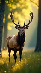 Obraz premium Majestic elk, antlers in sunlight, dappled forest, summer, beautiful