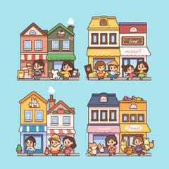 Obraz premium Cute cartoon illustration of people and animals in front of charming shops and houses, depicting a vibrant street scene with various small businesses and happy characters.