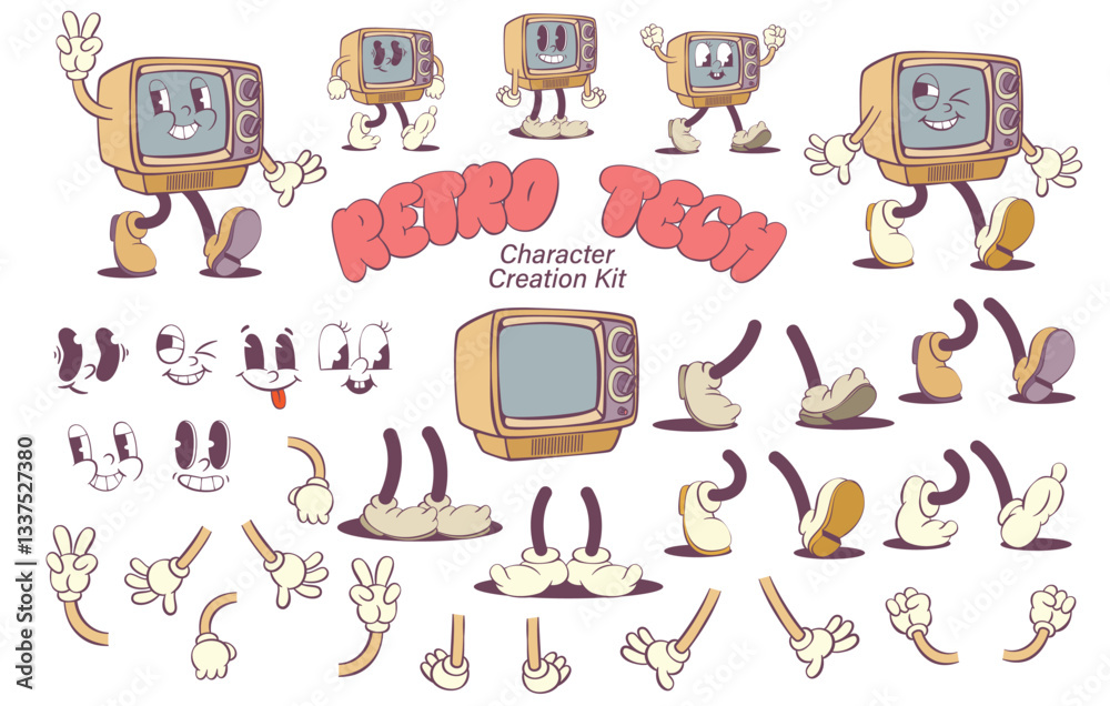 Poster Retro groovy tech character creation kit