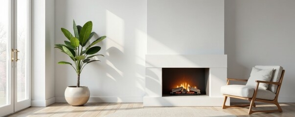 Scandinavian living room, fireplace mantle, blank frame mockup, minimalist chair, plant , chair, scandi, white