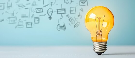 A glowing light bulb symbolizes creativity and ideas, surrounded by sketches of various concepts on a soft blue background.