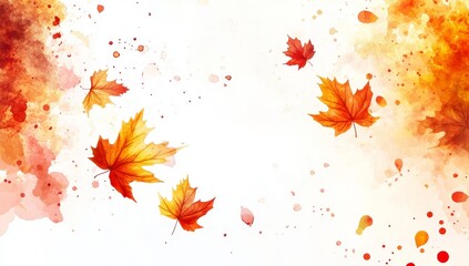 Autumn leaves in watercolor style. Falling maple leaves in warm autumn colors, with abstract watercolor splashes and splatters, creating a backdrop for a seasonal theme