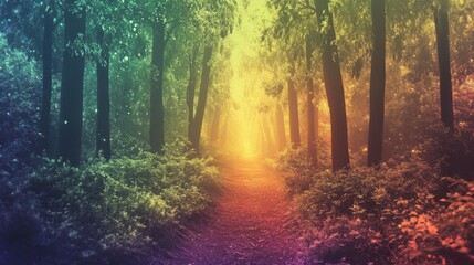 Fototapeta premium Magical Rainbow Forest Path Mystical Woodland Trail Leading to Sunlight