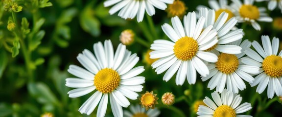 Close-up of chamomile flowers and leaves, delicate petals and vibrant green foliage, plant, organic