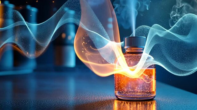 Creative potion bottle emitting magical sparks and vapor in a mystical setting