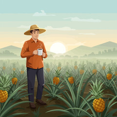 Fototapeta premium Farmer Enjoying Coffee in Pineapple Field at Sunrise Agricultural Scene