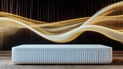 Modern white podium with golden abstract waves.