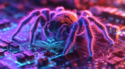 A neon-lit tarantula crawling on a vibrant holographic circuit board landscape