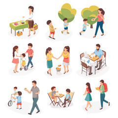 Fototapeta premium Isometric Family with Kids - Parents with Children in Vector Art