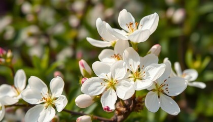 Fototapeta premium Delicate white blossoms, petals unfurling, dew-kissed, garden setting, sunlight, macro