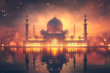Naklejka premium Majestic Mosque Reflecting in Calm Water at Sunset