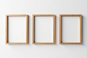 Three empty light brown wooden picture frames hang on a textured white wall , photo, interior