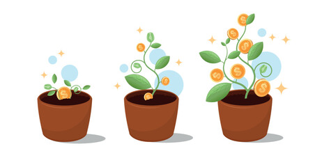 Gold dollar coins growing on a green plant. Concept of growth savings, smart investment and passive income. Money plant growing illustration.