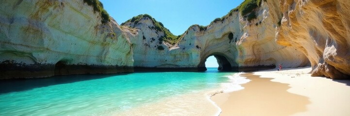 Obraz premium Wide shot Cathedral Cove's arc, pristine sand, clear blue water; bright summer day, vacation, Cathedral Cove