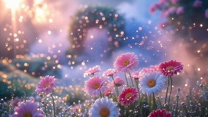 Fototapeta premium Beautiful Garden Blossoms Glisten in the Morning Sunlight Creating a Serene Atmosphere Filled With Natures Colors